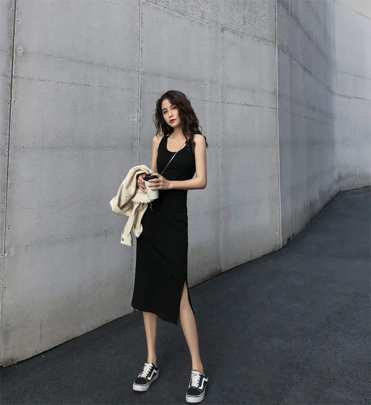 Y2K Mini abito estivo da donna O-collo Moda Abito senza maniche nero con bretelle Nuova gonna inferiore interna dimagrante Donna