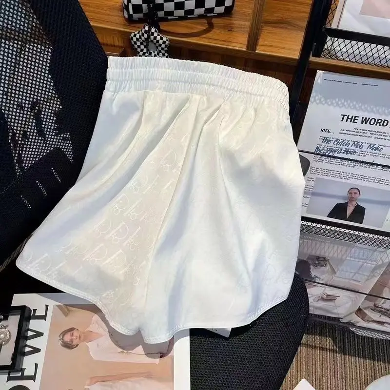 2025 Summer New Korean Fashion Printing Satin Wide Leg Pants Female Trend Letter Drawstring Athleisure Elastic Waist Shorts