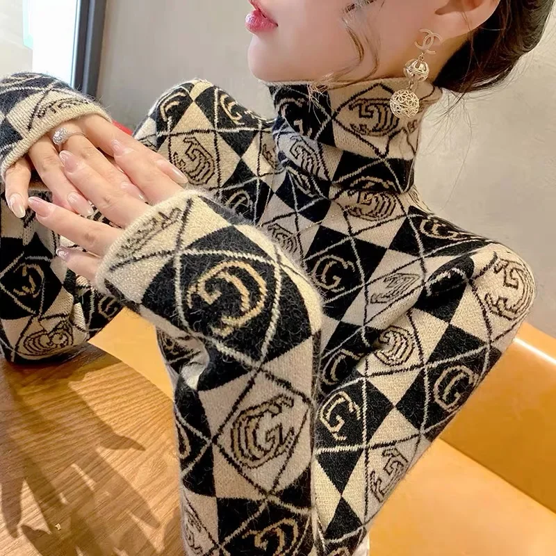 Women Clothing Letter Jacquard Knitwear Vintage Chic Slim Comfortable Elasticity Wool Sweaters Winter Y2k Commute Warm Tops