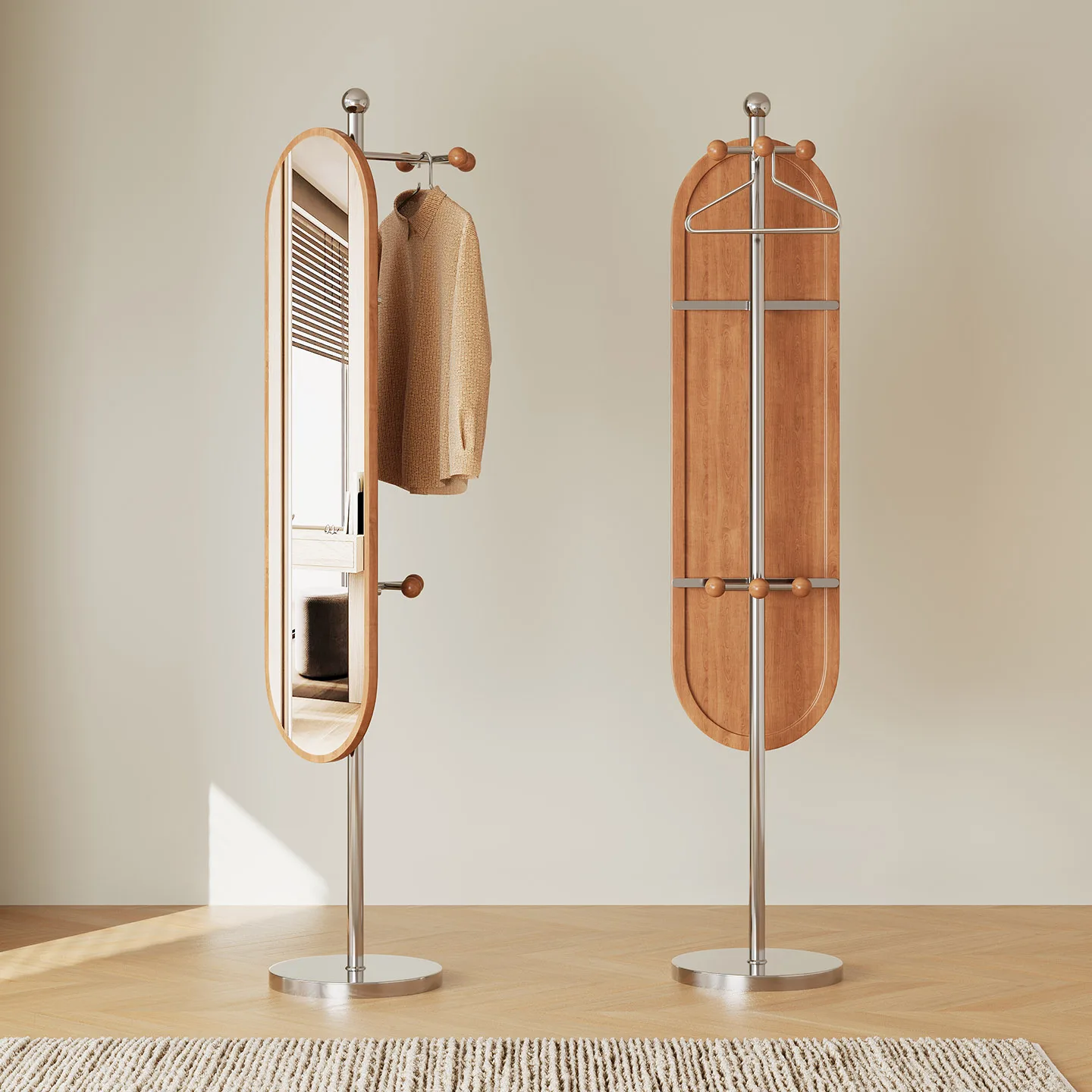 

Modern medieval style bedroom floor-to-ceiling hanger rotatable with full-length mirror coat rack integrated walnut coat rack