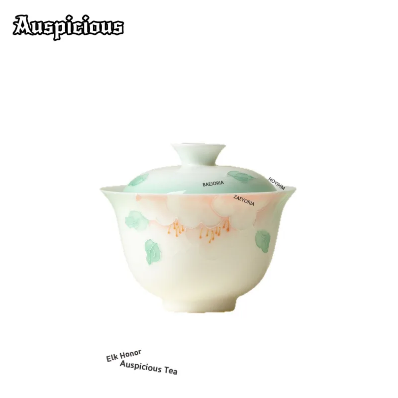 120ml Hand-painted Green Branch Gaiwan Antique Tea Tureen Tea Bowl with Lid Kit Tea Brewing Cover Bowl Kung Fu Tea Set Ornaments