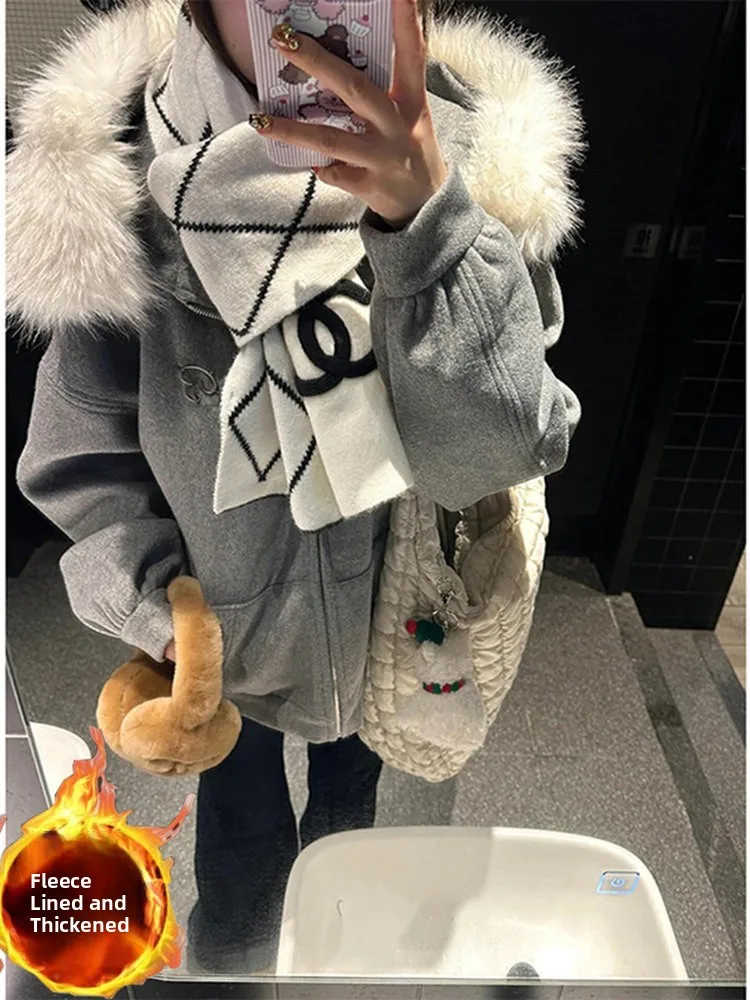 Retro Hong Kong Style Hooded Jacket Women's Autumn Winter New Fashionable Removable Fur Collar Sweatshirt Casual Loose Fit