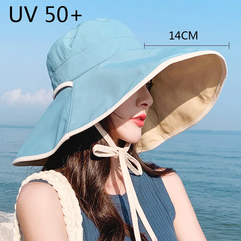 Fashion Women Sun Protection Beach Cap Spring Summer Sunscreen Hat Big Brim Bucket Hat Edge Anti-ultraviolet Uv Sun Hat UPF 50+