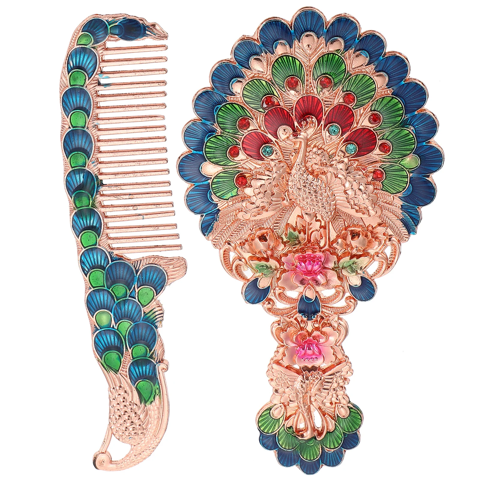 

1Set Handheld Vintage Makeup Mirror Peacocks Pattern Portable Compact Mirror Comb Kit Retro Makeup Tool