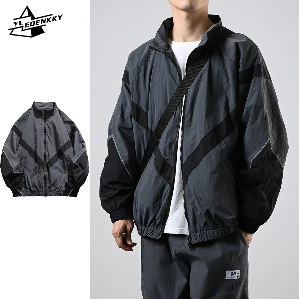 

Spring Thin Jacket Men Women Japanese Stand-up Collar Bomber Coat Patchwork Loose-fitting Quick-drying Tops Athleisure Outerwear