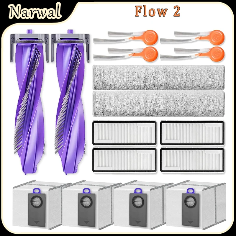 For Narwal Flow 2 Robot Vacuum Accessories:Main Brush,Side Brush,HEPA Filter,Dust Bags,Track Mop Cloth Replacement Parts