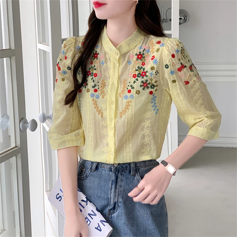 Women\'s Clothing Spring Summer Vintage Floral Embroidery Shirt Fashion Stand Collar Hollow Blouse Casual 3/4 Sleeve Cotton Tops