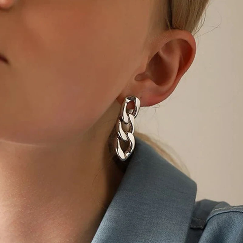 

DLHP Punk Metal Stainless Steel Cuban Chain Earrings for Women Gold Silver Color Minimalist Simple Ear Studs Trend Jewelry Gifts