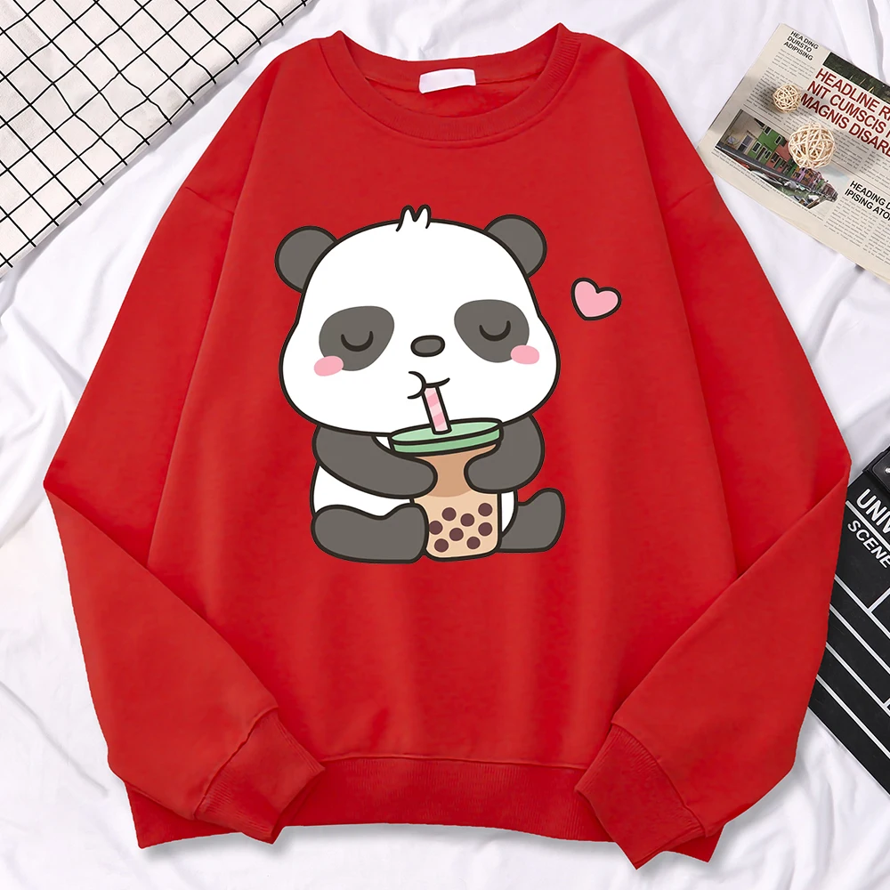 Simple Casual Womens Sweatshirts Pandas Love Drinking Pearl Milk Tea Print Hoodies Warm Fleece Pullovers Crewneck Soft Clothes