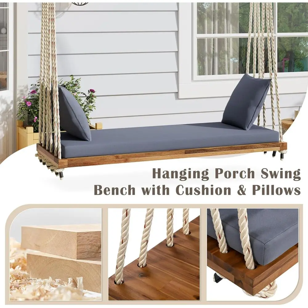2-Person Acacia Wood Swing with Thick Cushion, 10.8ft Ropes, Pillows, 400lbs Capacity for Outdoor Patios