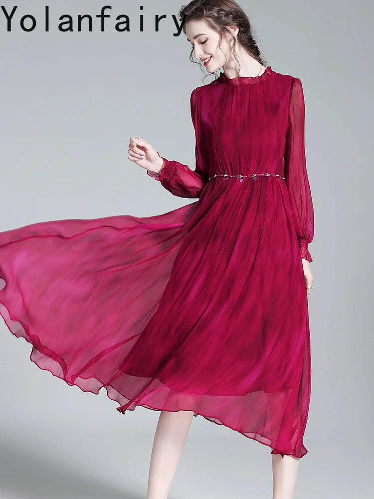 YOLANFAIRY New Autumn 100% Real Mulberry Silk Dresses Woman High-end Elegant Women Dress Cinched Waist Long Sleeve Dress Robe