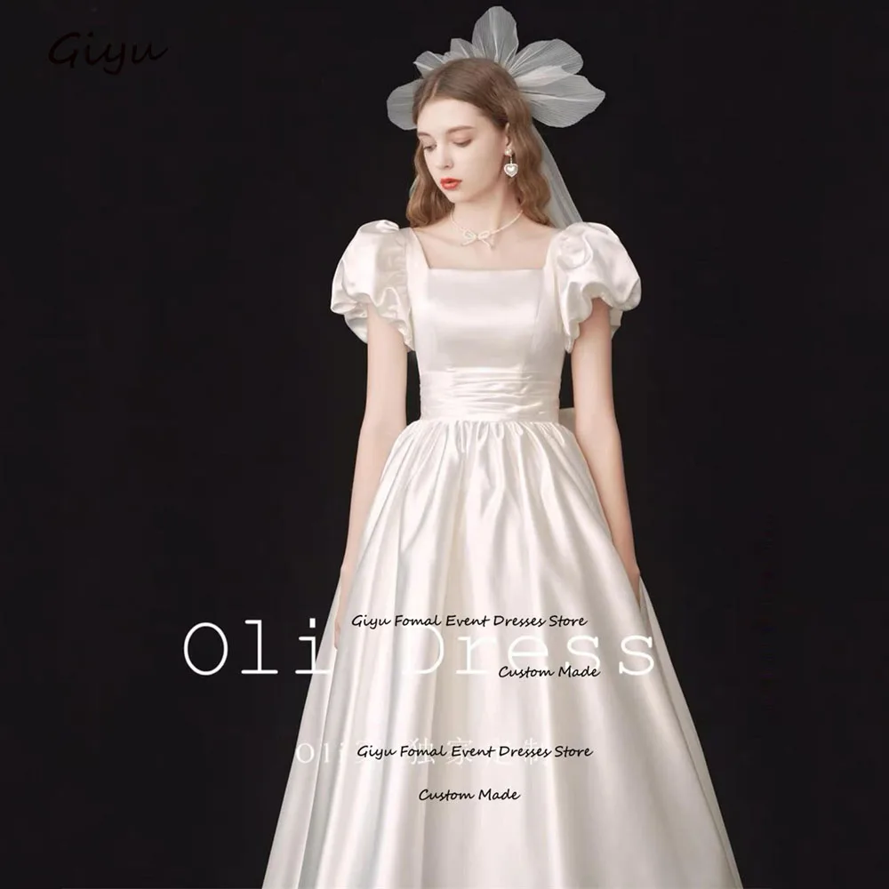 

Giyu Modern Style A-line Bow Wedding Dress For Woman Square Collar Draped Tea-length Evening Dress Birthday Party Dress