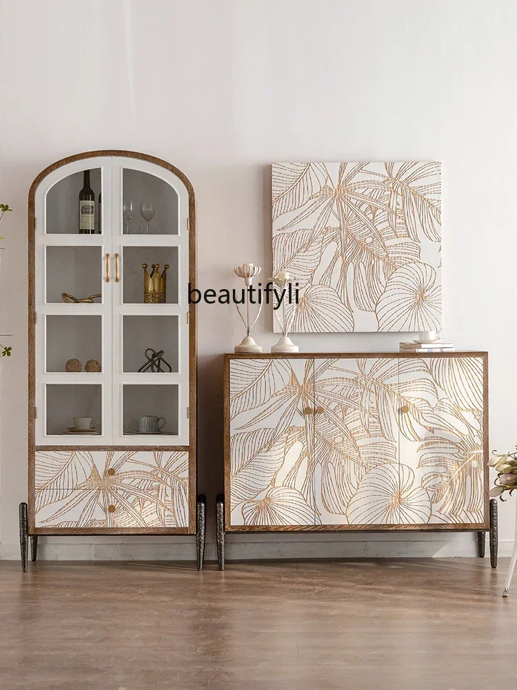 

American Wine Cabinet Display Cabinet Solid Wood Carved Vintage Wall Locker Living Room Bookcase Glass
