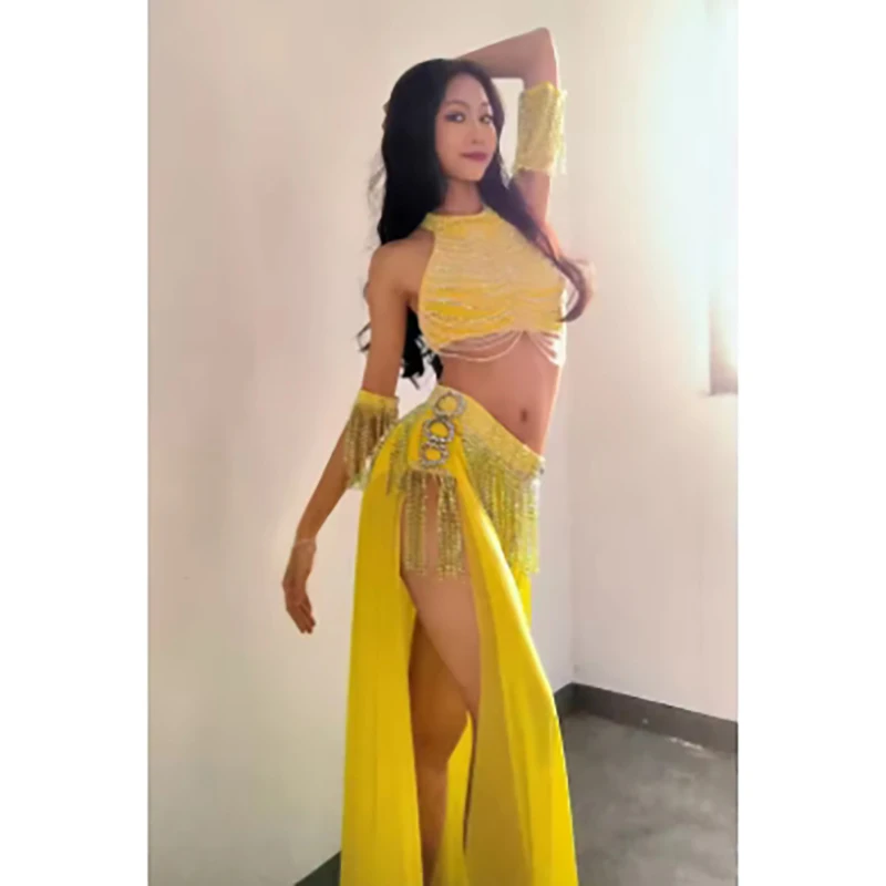 Konkurs Tańca Brzucha Damska Ekskluzywna Sukienka na Zamówienie z Czerwonymi Kryształkami, Koralikami, Rurką, Amerykańska Samba, Sukienka z Cyrkoniami