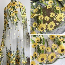Light Champagne black gauze golden Sunflower embroidery lace fabric water soluble double coloured embroidered skirt fabric