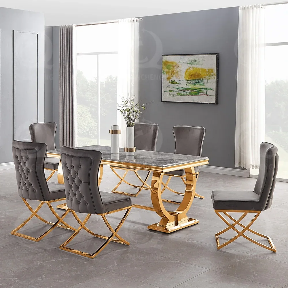 Luxury modern dining table grey faux marble top Europe design 8 seater marble dining set