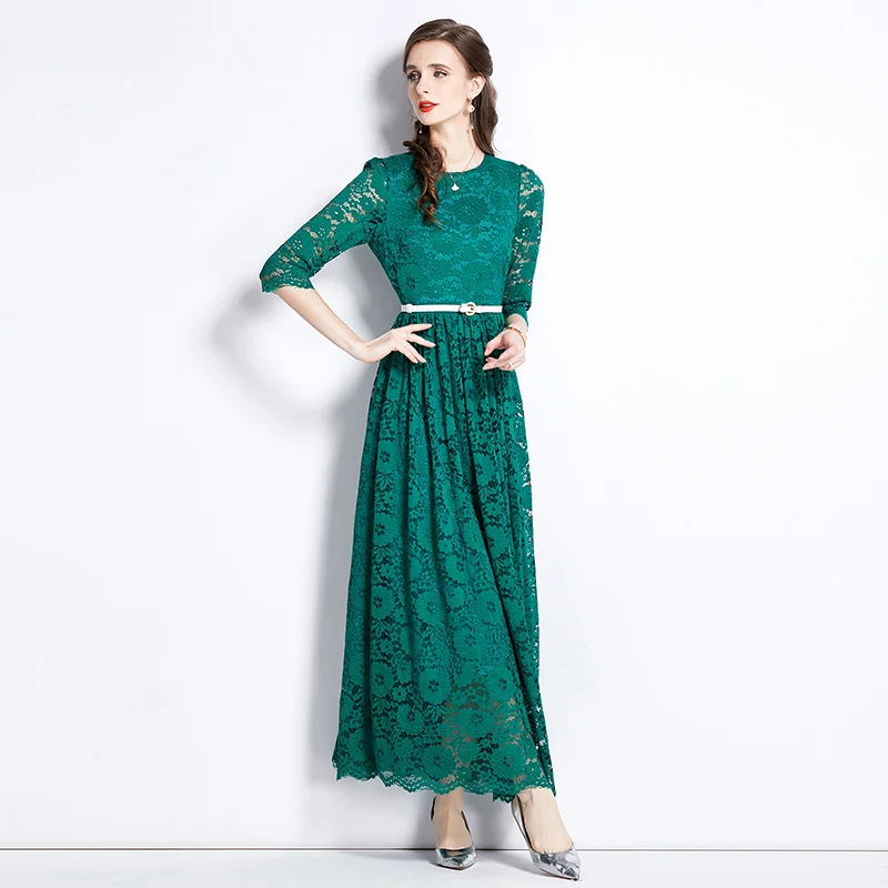 Elegante Nieuwe Herfst Groene Kanten Lange Jurk Dames Met Halve Mouw Uitgehold Gebloemd Hoge Taille Feest Vestidos Gewaad Met Riem