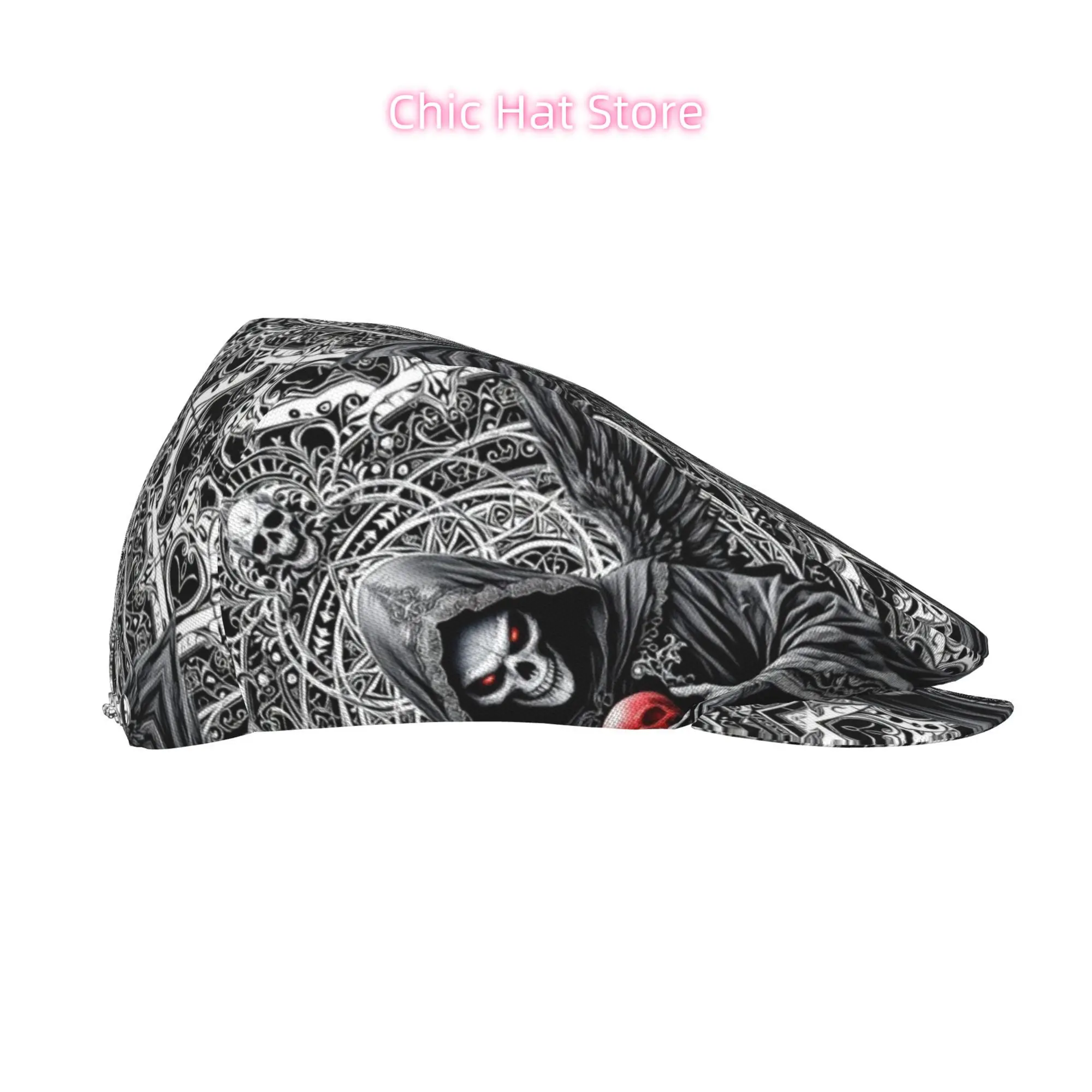 1pc Grim Reaper Holding Full-Print Flat-Top Hats for Men And Women, Newsboy Caps, Berets, Irish Hats, Driver Caps, Retro Hats, P
