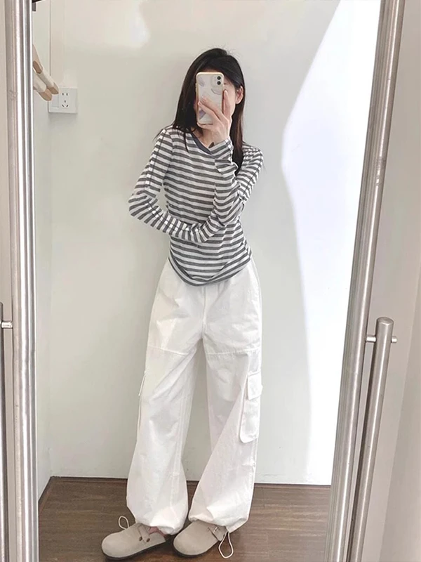 한국 스타일 루즈핏 라운드 넥 스트라이프 자외선 차단 티셔츠 여성 여름 얇은 긴 소매 패셔너블 탑 브이넥 폴리에스터...