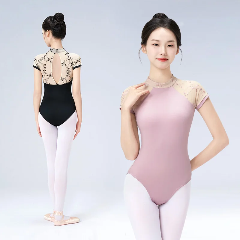 Damski trykot baletowy z krótkim rękawem z golfem body do tańca haftowane stroje baleriny czarny trykot gimnastyczny do jazdy na łyżwach