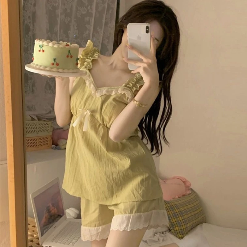 Sleeveless Pajama Sets Women Sweet Sexy Patchwork Schoolgirls Sleepwear V-neck Trendy Summer Lounge Wear Ulzzang Female Ruffles