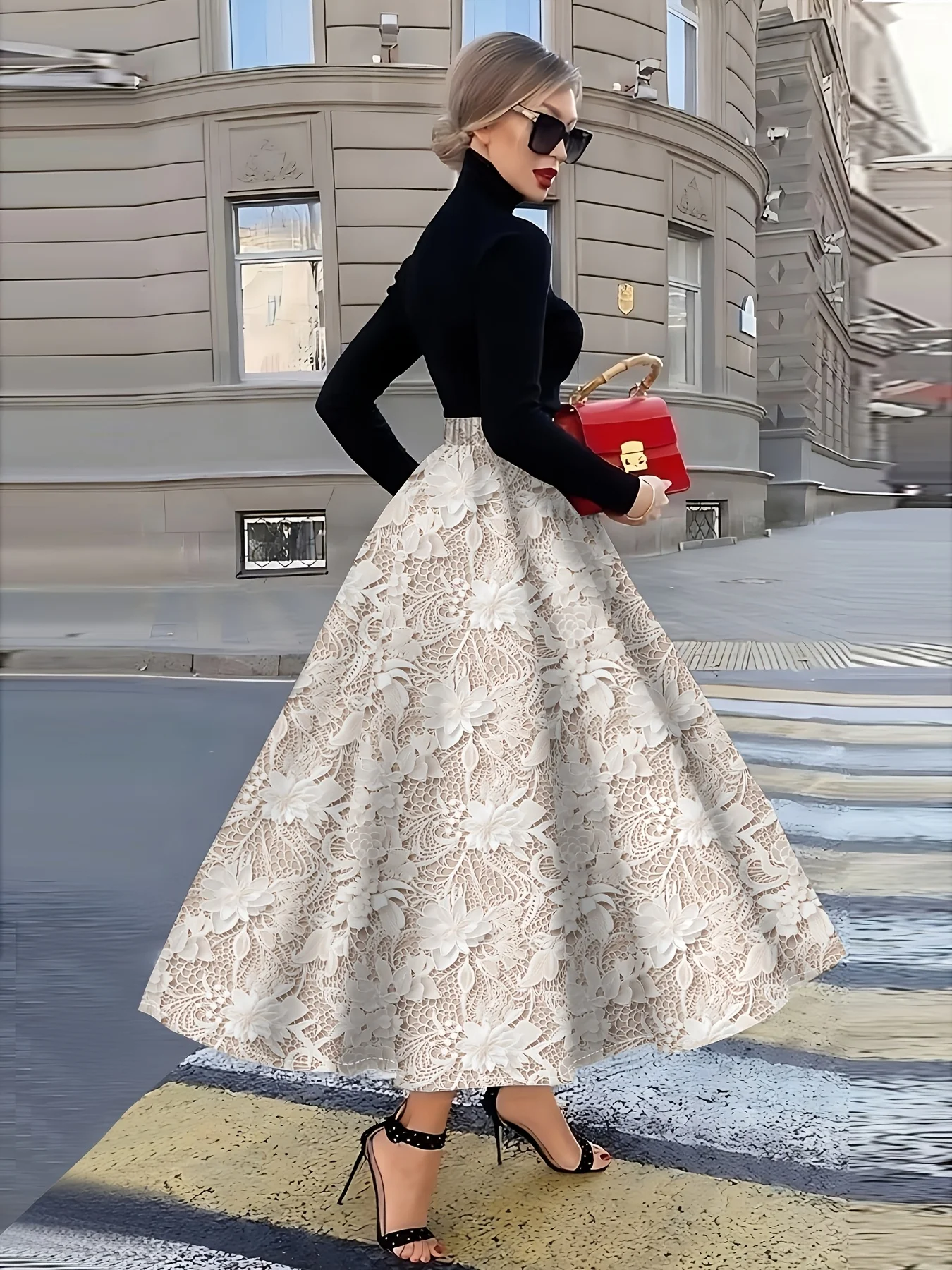 Printed Design Four Seasons Flower Lace Pattern Printed Design Holiday Style Half Skirt