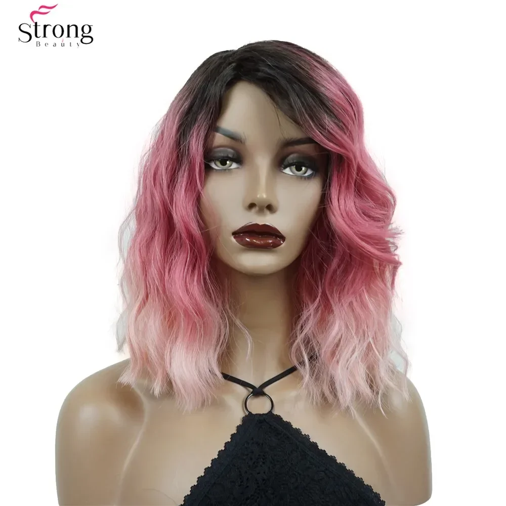 StrongBeauty Damen-Perücke, mittellang, lockig, rosa, Ombre Natura, seitlicher Bang-Stil, synthetische Perücken