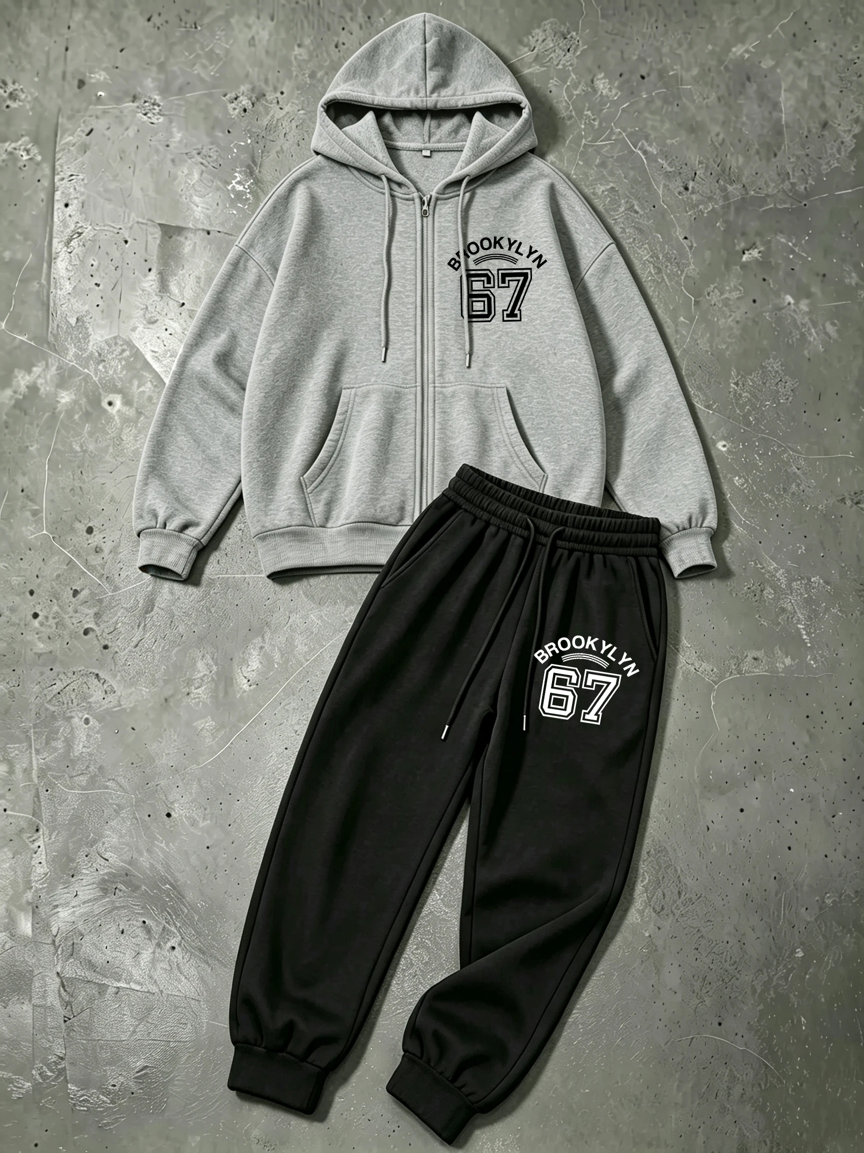 Brooklyn Letter 67 Art Print Men Zipper Hoodies Suit Fleece Oversized Hoodie Set Loose Gym Tracksuits Korean Autumn Sweatpant