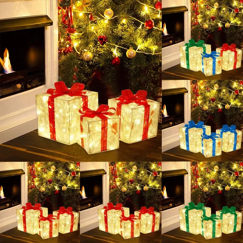 

3pcs Light Up Gift Boxes Glowing Decoration Folding Box with Bow LED Lighting Luminous Christmas Party Desktop Present Ornament