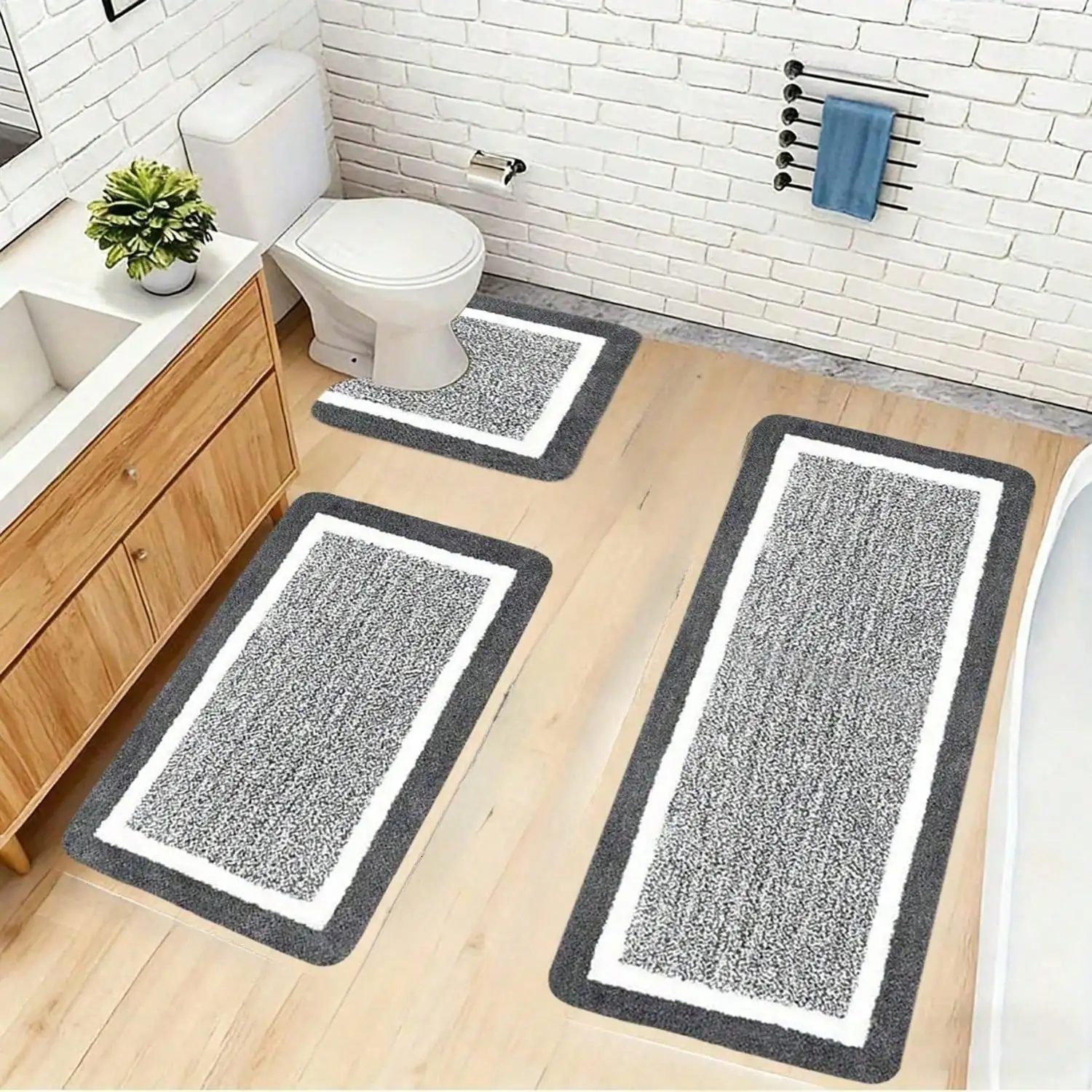 Bathroom Rug Mat Set 3 Piece, Microfiber Shaggy Bath Set, Non-Slip Ultra Soft Carpet Mats, Absorbent With U-Shaped Toilet For Bathroom, Tub, Shower, (Dark Gray & Blue)