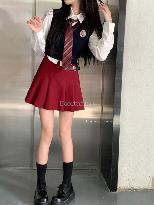 2024 neue verbesserte tägliche Mode Stil koreanische Frauen College-Stil Anzug jk Uniform Krawatte Hemd Strick Weste Rock 3-teiliges Set w235