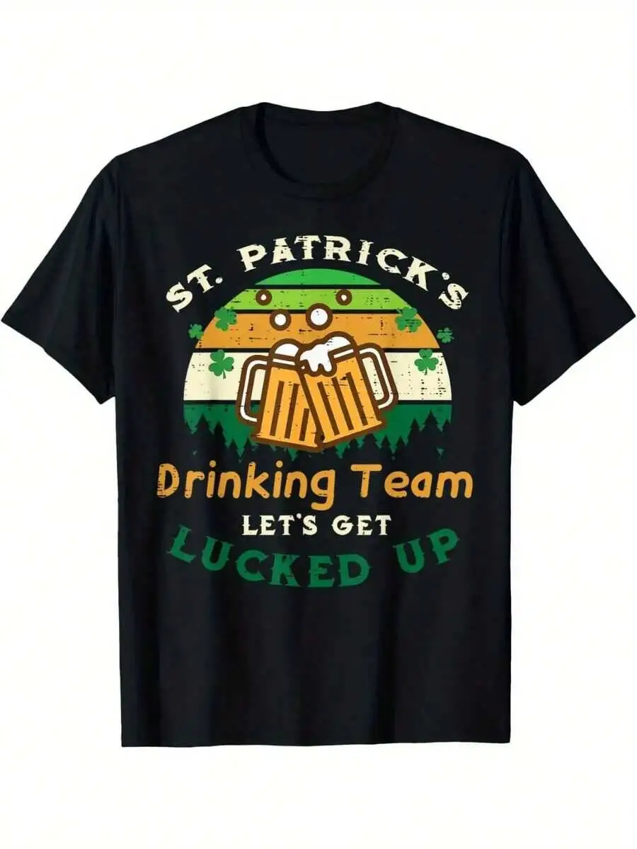 Men's St. Patrick's Day 'Drinking Team Makes Us Lucky' T-Shirt - Black Cotton, Short Sleeve, Crew Neck, With Beer And Clover