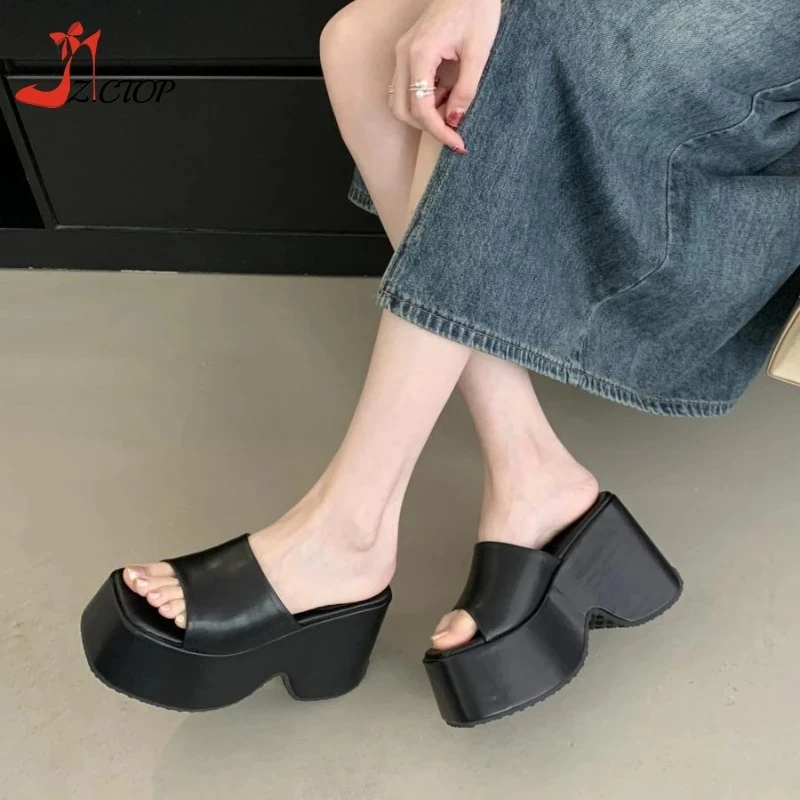 

Женские босоножки на высоком каблуке 11 см на танкетке, черно-белые уличные тапочки на массивной платформе, летние женские туфли без каблуков