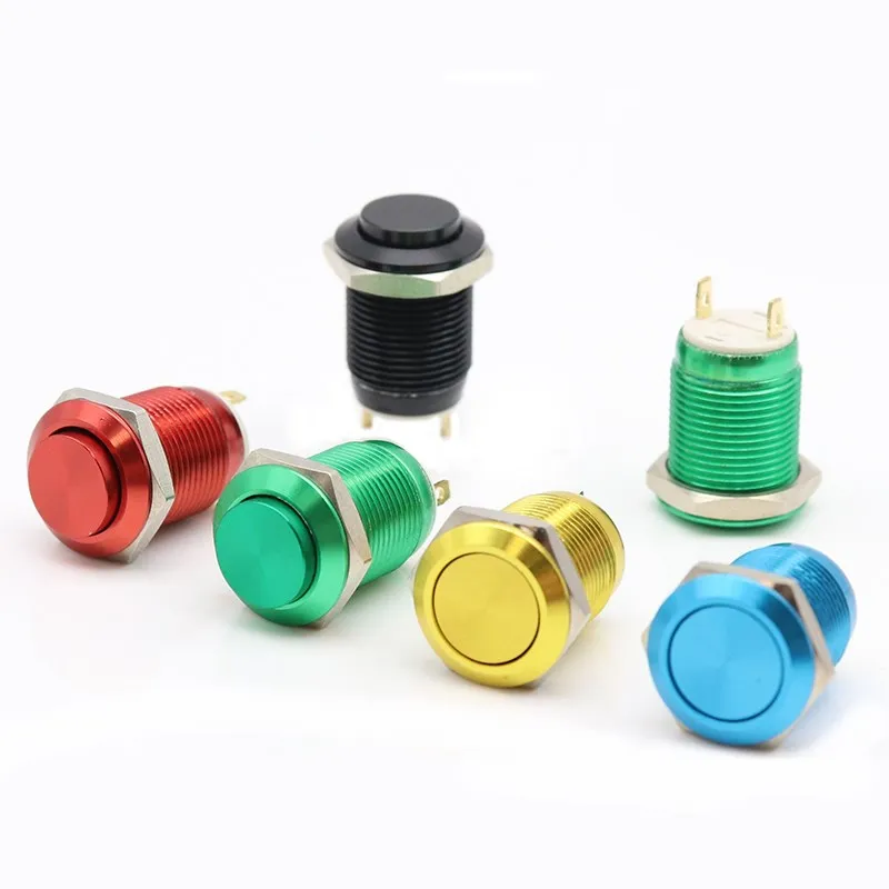 1pc 12mm Color Oxidation Metal Push Button Switch Flat/High Head Waterproof Self-reset/Momentary Locking Pin Terminal