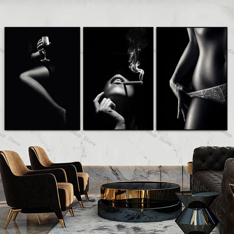 Black and White Sexy Nude Woman Body Posters Bondage Lace Woman Canvas Painting Print Wall Art Pictures for Room Home Decoration