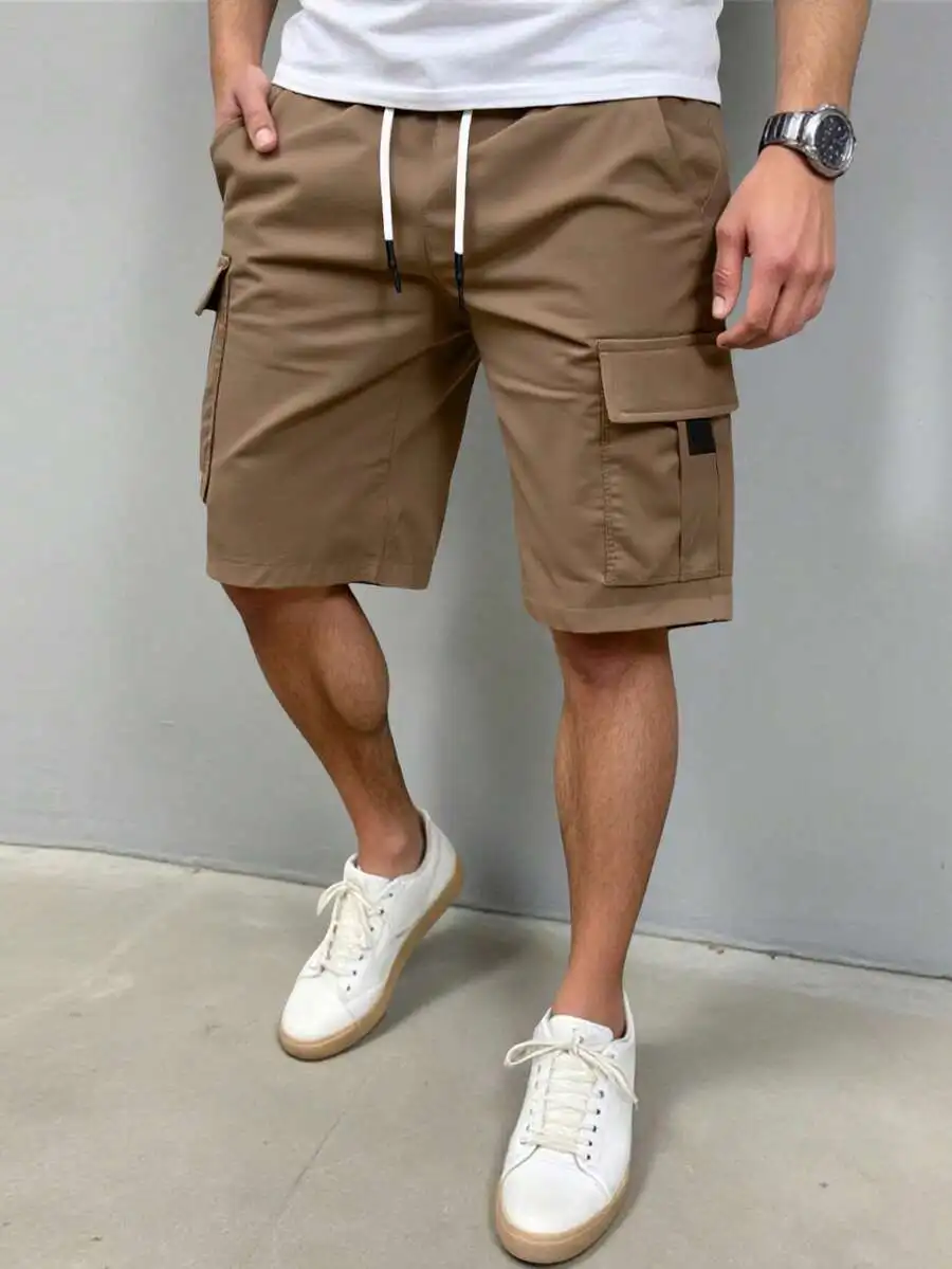

Men Solid Color Elastic Waist Drawstring Cargo Shorts Casual Shorts