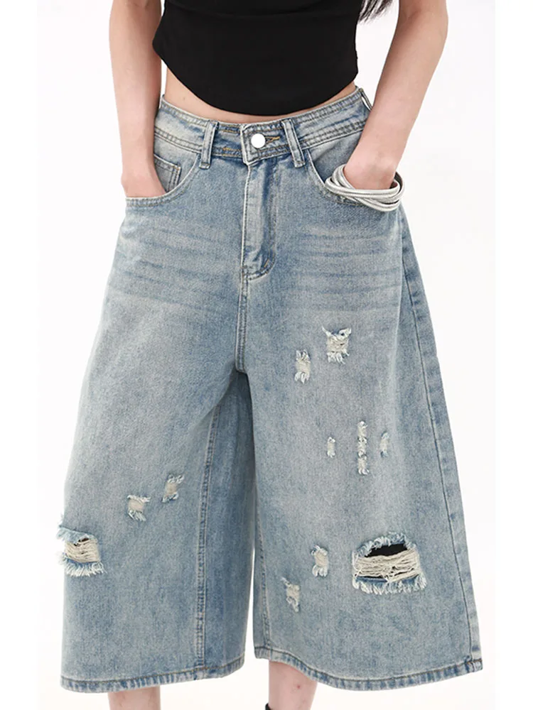 กางเกงยีนส์ทรงตรงขากว้างสไตล์วินเทจอเมริกัน ขาดๆ เซอร์ๆ เอวสูง 7/8 ความยาว ผู้หญิง ฤดูร้อน รุ่นใหม่ ทรงหลวม