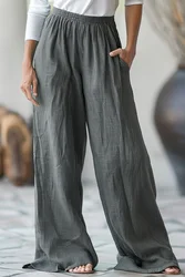 Flycurvy Plus Size Casual Dark Grey Linen Solid Elastic Waist Wide Leg Pocket Pants