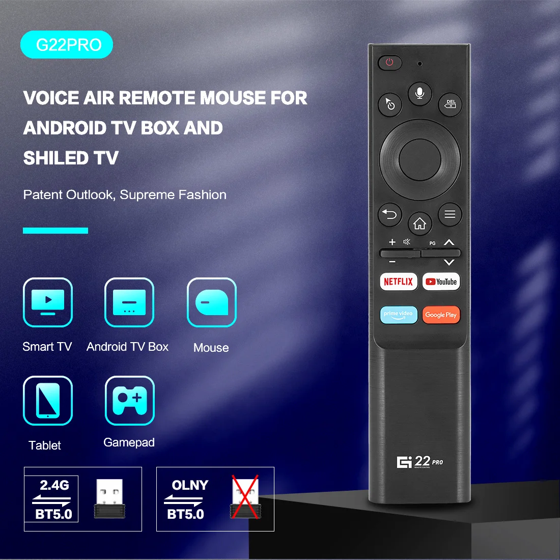 G22 Pro Bluetooth 5.0 Voice Air Mouse Remote Control, Gyroscope Motion Sensing, IR Learning Buttons, Netflix Hotkeys