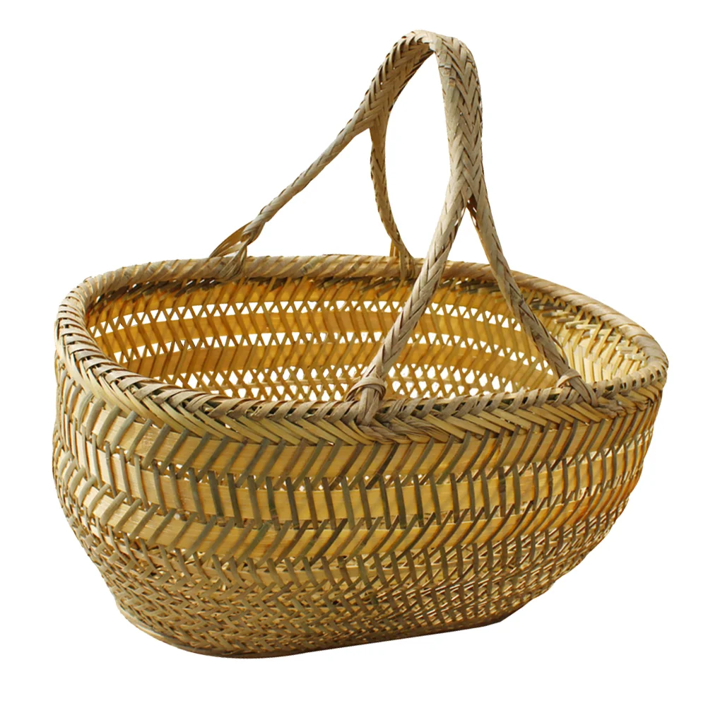 

Wicker Picnic Basket Hand Shopping Baskets with Handle Fruit Bamboo Weaving Harvest