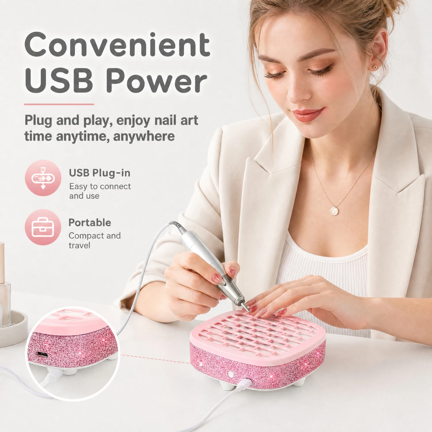 858‑M3 Nail Dust Collector, High‑Suction Low‑Noise Nail Vacuum Cleaner, Rhinestone‑Decorated Shell, Type‑C Power Supply, One‑Touch Switch, Removable Filter Cover, Comes with 10 Filter Papers, For Salon & Home Nail Art 2