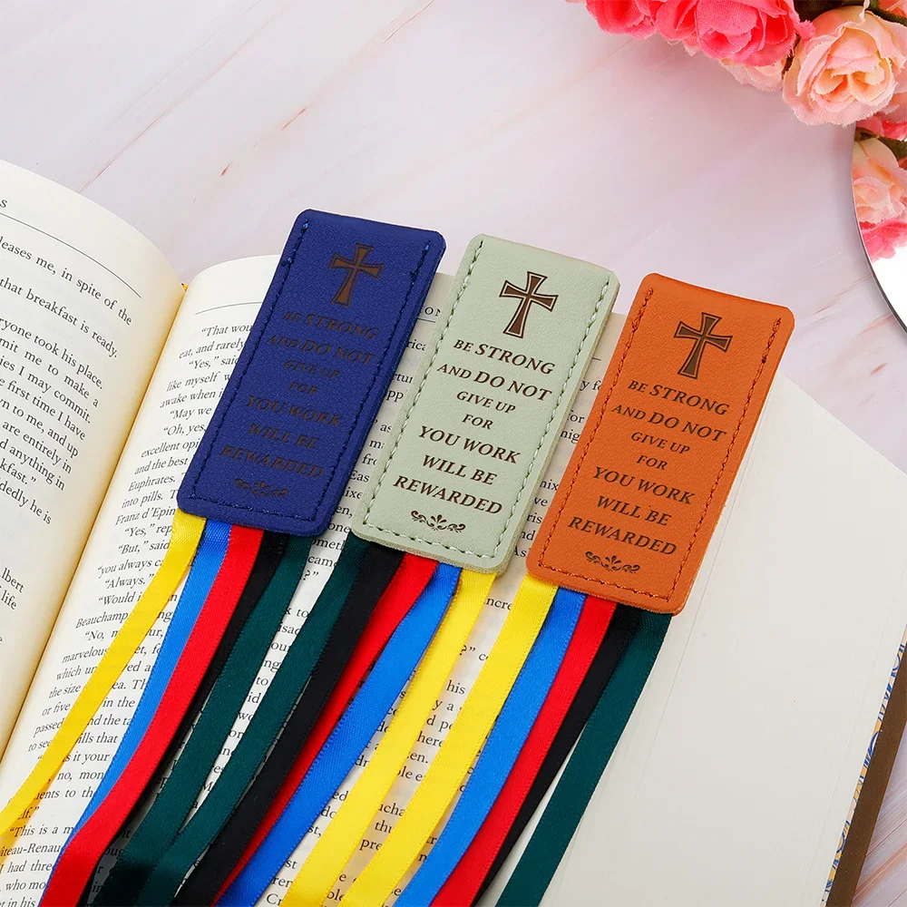 Custom Multi-color Ribbon Bible Bookmark Markers Artificial Leather Bookmark with Colorful Ribbons for Books Reading Page Marker