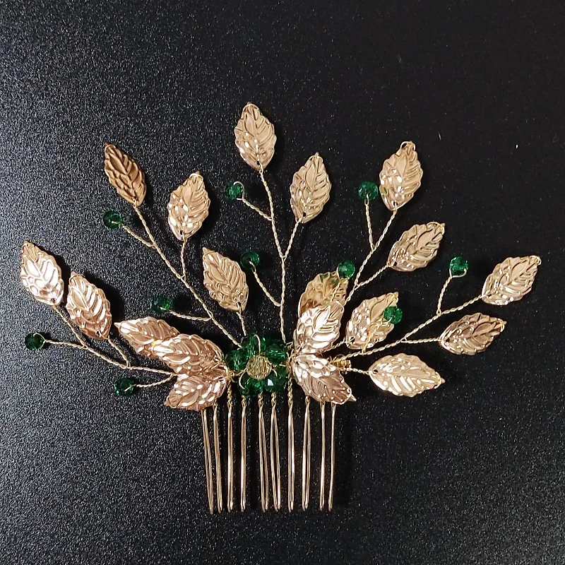 Grampos de cabelo e pentes de cristal verde folha de ouro flor nupcial acessórios de cabelo de casamento para mulheres presentes de dama de honra