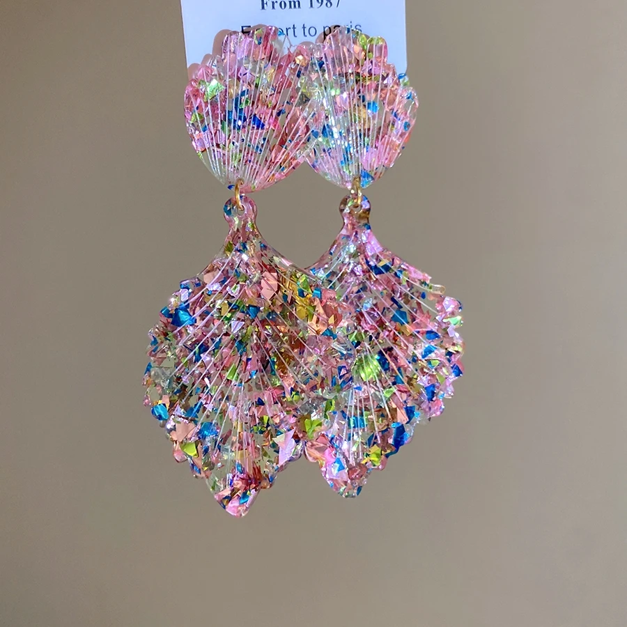 Rhinestone Double-layered Shell Drop Earrings for Women Colorful Transparent Resin Material Luxury Designer Jewelry