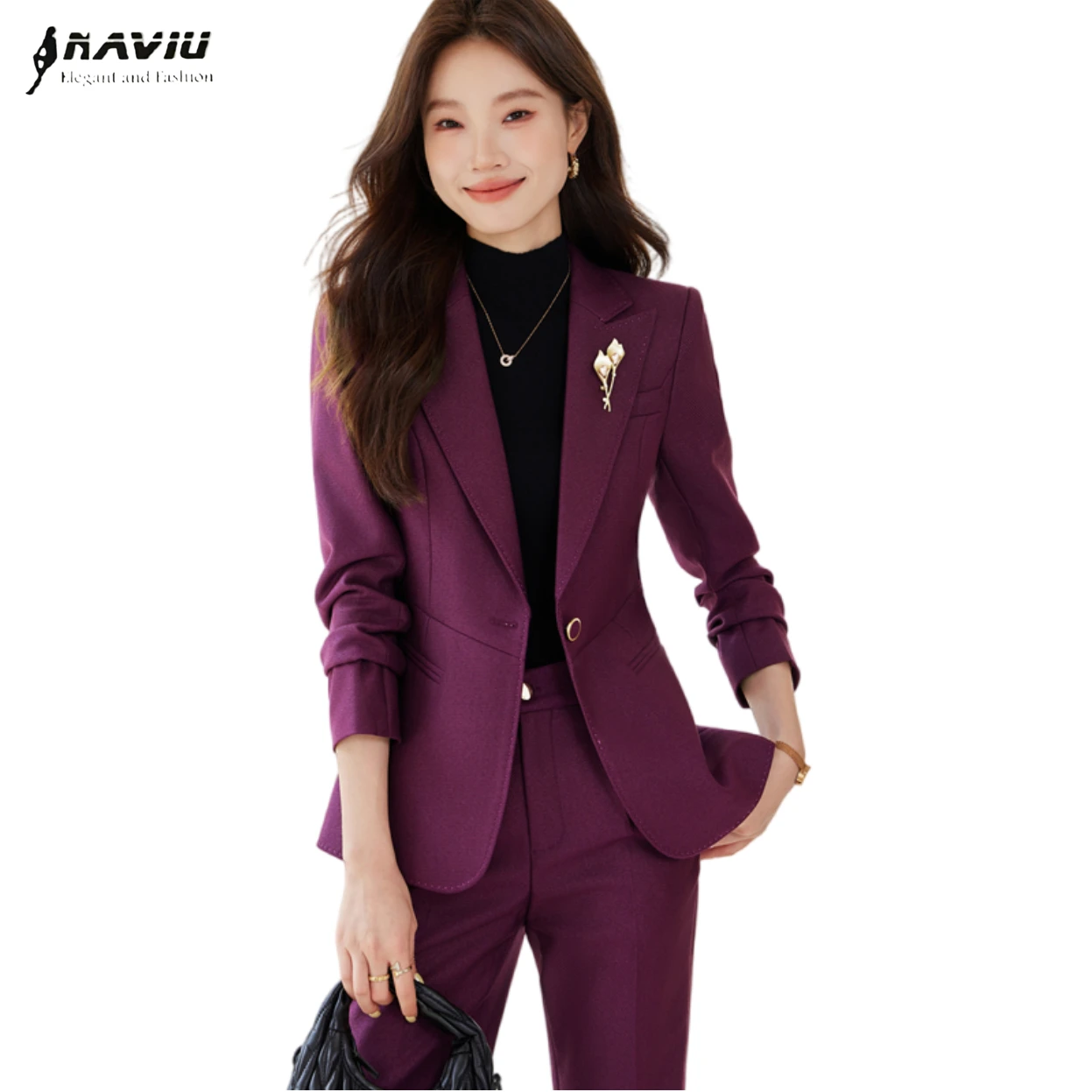

NAVIU Fashion Women Purple Suit New Autumn Temperament Professional Slim Long Sleeve Blazer And Pants Office Ladies Work Wear