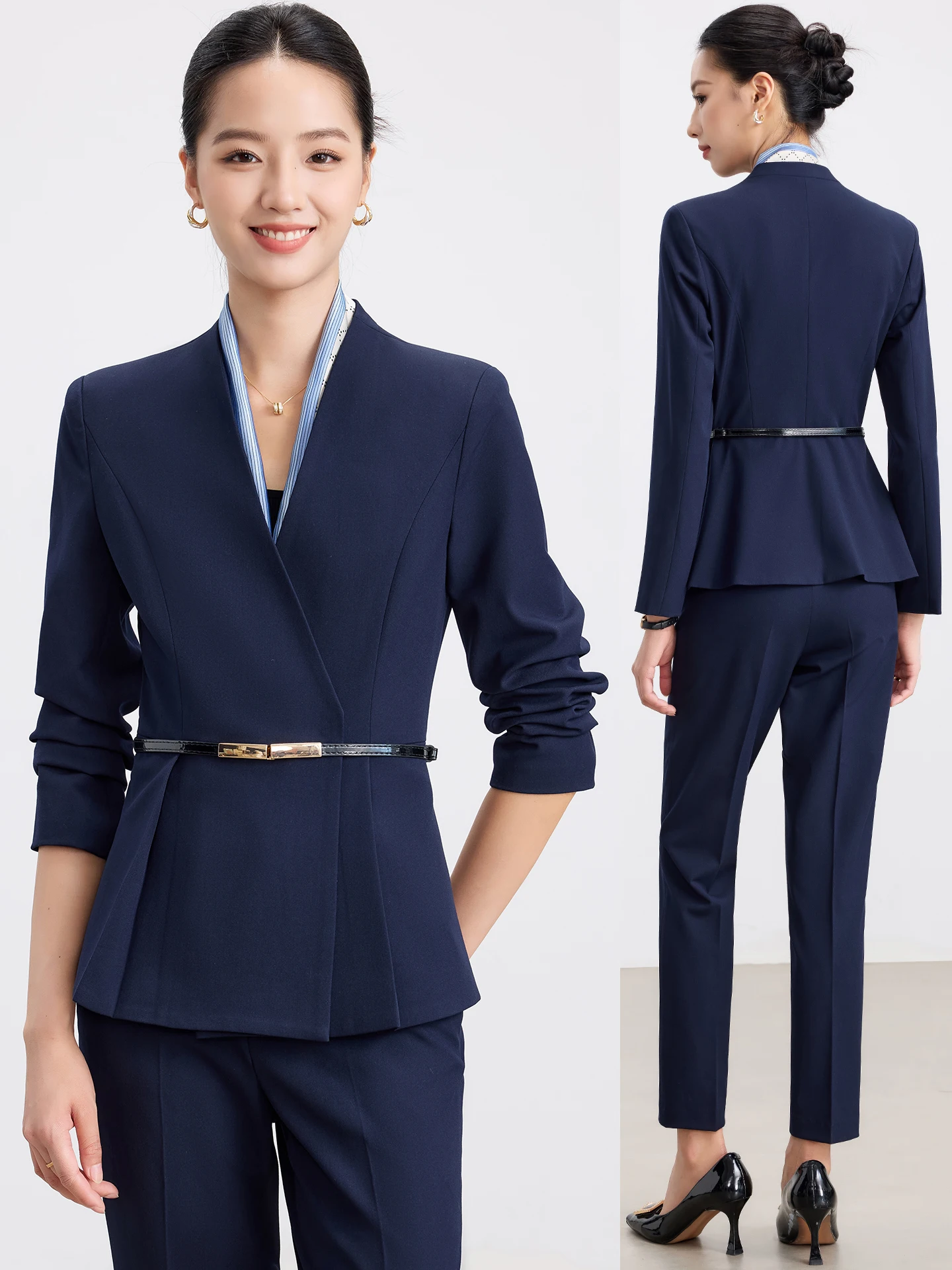 

Деловой женский костюм королевского синего цвета для весны и осени, униформа для ресепшн отеля, работы в ювелирном магазине, демонстрации товаров