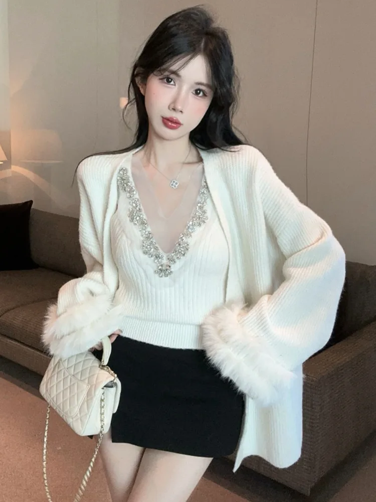 

Sexy Thickened Heavy Diamond Embellished Base Layer Vest Loose Straight Tube Thickened Knitted Open Cardigan Set Korean Style