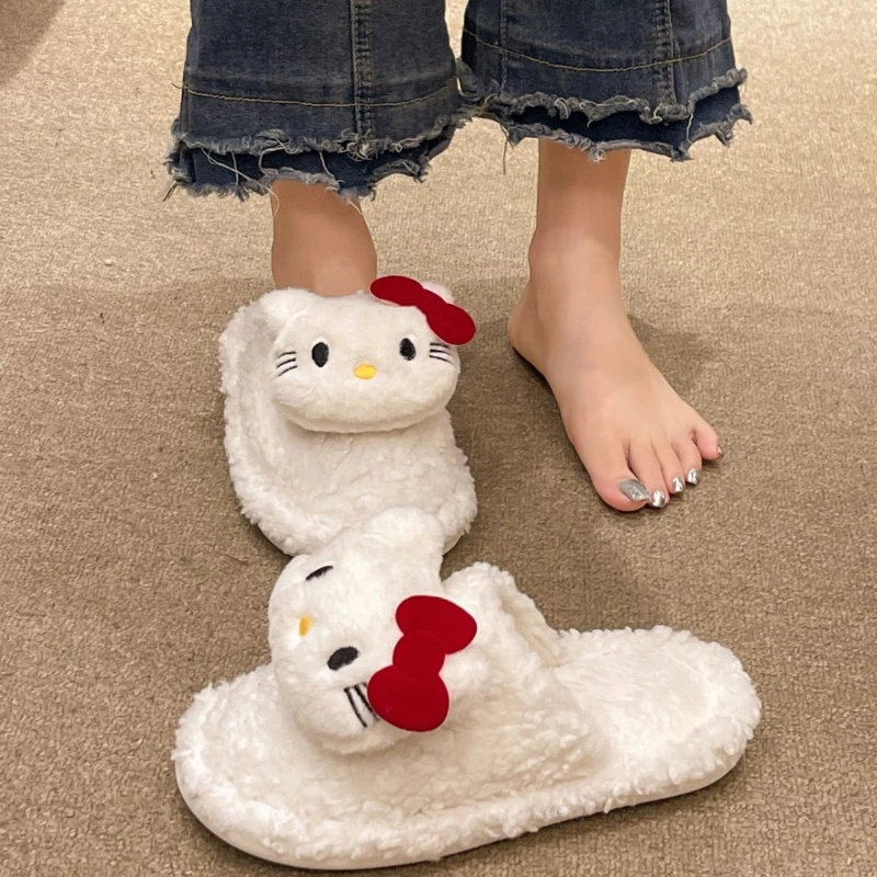 

Детские тапочки, домашняя обувь, зимняя обувь с рисунком «Hello Kitty» для девочек, теплая нескользящая обувь с мягкой подошвой, розовые, белые туфли, размер 36-41