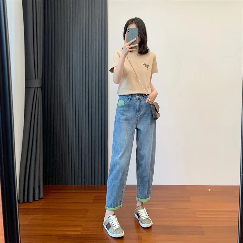 กางเกงยีนส์ทรงหลวมแบบจีบยาวถึงข้อเท้าของผู้หญิงเอวสูงสำหรับเด็กผู้หญิงฤดูร้อน MODE Korea ลำลองทันสมัยเข้ากับทุกชุด