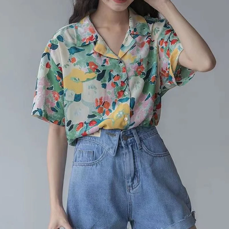 Summer Notched Fashion Short Sleeve Shirt Women Vintage Elegant Button Patchwork Cardigan High Street Casual All-match Blouse